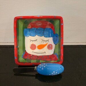 Pottery Snowman Dip bowl knife set Mainstreet collection hand painted Christmas